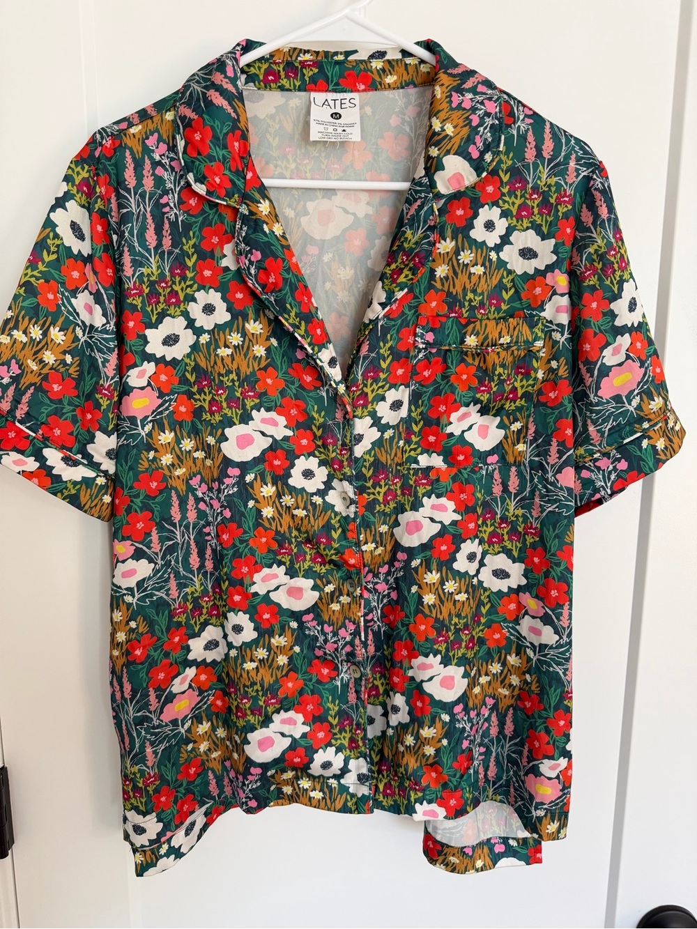 LATES Floral Button-Up Camp Shirt and pajama bottoms in Dark Green